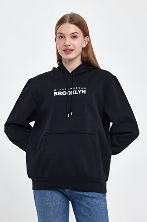 Kadın Kapşonlu Rahat Kalıp İçi Polarlı 3 iplik  W. Brooklyn Baskılı Swetashırt spr24swk04 