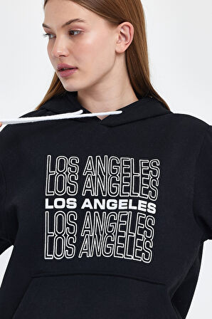 Kadın Kapşonlu Rahat Kalıp İçi Polarlı 3 iplik  Los Angeles Baskılı SweatShırt spr24swK10