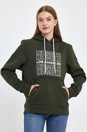 Kadın Kapşonlu Rahat Kalıp İçi Polarlı 3 iplik  Los Angeles Baskılı SweatShırt spr24swK10