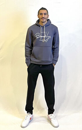 Erkek Kapşonlu Rahat Kalıp İçi Polarlı 3 iplik El Yazılı Brooklyn Baskılı SweatShırt spr24sw16