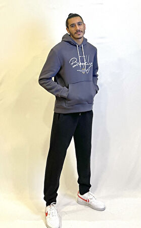 Erkek Kapşonlu Rahat Kalıp İçi Polarlı 3 iplik El Yazılı Brooklyn Baskılı SweatShırt spr24sw16