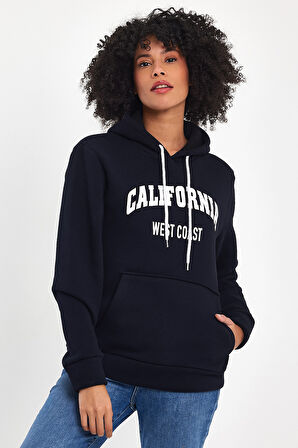 Süperlife Kadın Kapşonlu Rahat Kalıp İçi Polarlı 3 iplik Kanguru Cepli Californıa West  Baskılı Swetashırt SPR24SWK08