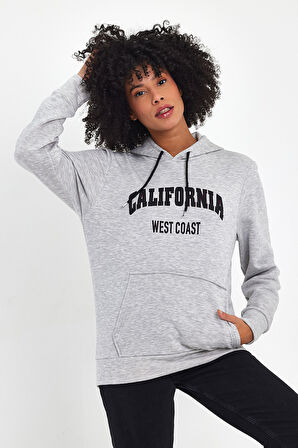 Süperlife Kadın Kapşonlu Rahat Kalıp İçi Polarlı 3 iplik Kanguru Cepli Californıa West  Baskılı Swetashırt SPR24SWK08