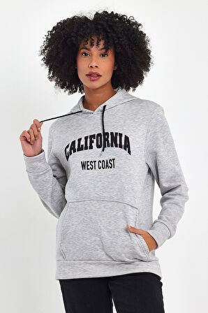 Süperlife Kadın Kapşonlu Rahat Kalıp İçi Polarlı 3 iplik Kanguru Cepli Californıa West  Baskılı Swetashırt SPR24SWK08