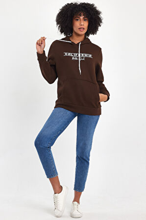 Kadın Kapşonlu Rahat Kalıp İçi Polarlı 3 iplik Californıa Baskılı SweatShırt spr24swk11