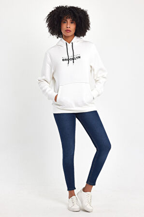 Kadın Kapşonlu Rahat Kalıp İçi Polarlı 3 iplik  W. Brooklyn Baskılı Swetashırt spr24swk04 