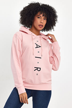 Süperlife Kadın Kapşonlu Oversize Fit Air Baskılı İnce Sweatshırt SPR22SWk162 