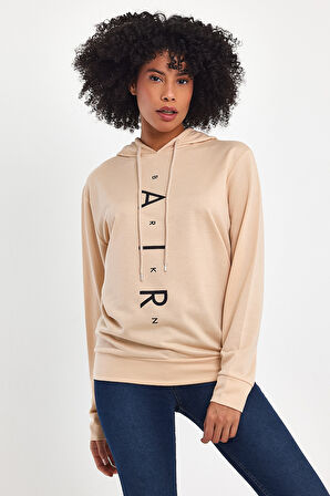 Süperlife Kadın Kapşonlu Oversize Fit Air Baskılı İnce Sweatshırt SPR22SWk162 