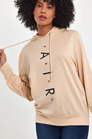 Süperlife Kadın Kapşonlu Oversize Fit Air Baskılı İnce Sweatshırt SPR22SWk162 
