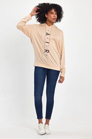 Süperlife Kadın Kapşonlu Oversize Fit Air Baskılı İnce Sweatshırt SPR22SWk162 