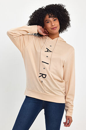 Süperlife Kadın Kapşonlu Oversize Fit Air Baskılı İnce Sweatshırt SPR22SWk162 