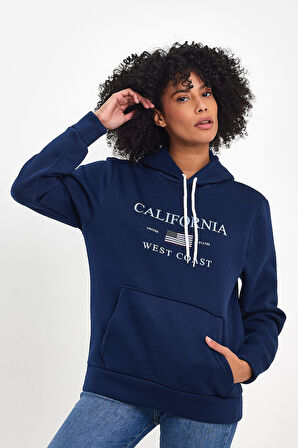 Süperlife Kadın Kapşonlu Rahat Kalıp İçi Polarlı 3 iplik Kanguru Cepli Amerikan Baskılı Swetashırt spr24swk01