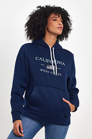 Süperlife Kadın Kapşonlu Rahat Kalıp İçi Polarlı 3 iplik Kanguru Cepli Amerikan Baskılı Swetashırt spr24swk01