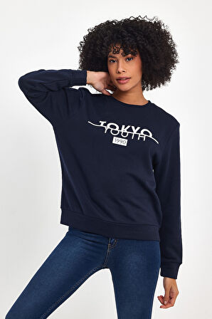 Kadın Bisiklet Yaka Rahat Kalıp 3 iplik Kalın Tokyo Baskılı  Sweatshirt SPR24SWk30