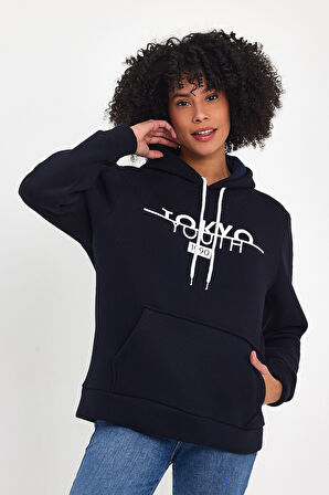 Süperlife Kadın Kapşonlu Rahat Kalıp İçi Polarlı 3 iplik Kanguru Cepli Tokyo Baskılı Swetashırt Spr24swk12