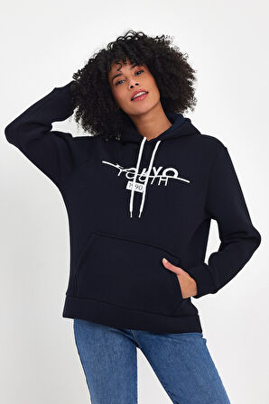 Süperlife Kadın Kapşonlu Rahat Kalıp İçi Polarlı 3 iplik Kanguru Cepli Tokyo Baskılı Swetashırt Spr24swk12