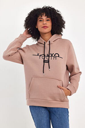 Süperlife Kadın Kapşonlu Rahat Kalıp İçi Polarlı 3 iplik Kanguru Cepli Tokyo Baskılı Swetashırt Spr24swk12