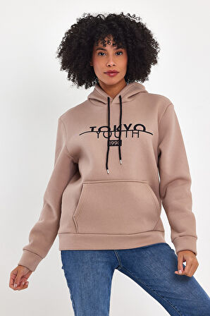 Süperlife Kadın Kapşonlu Rahat Kalıp İçi Polarlı 3 iplik Kanguru Cepli Tokyo Baskılı Swetashırt Spr24swk12