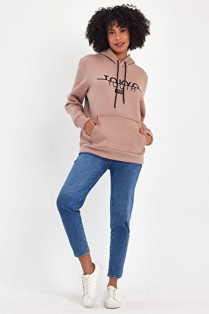 Süperlife Kadın Kapşonlu Rahat Kalıp İçi Polarlı 3 iplik Kanguru Cepli Tokyo Baskılı Swetashırt Spr24swk12