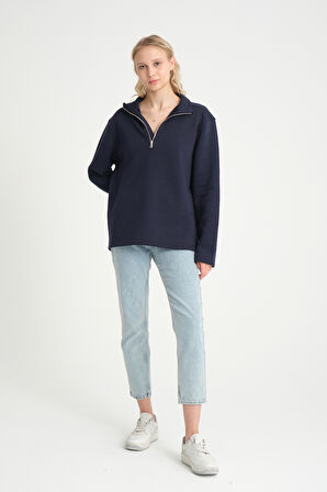  Kadın  Rahat Kalıp İçi Polarlı 3 iplik Yarım Fermuarlı  SweatShırt spr24swK21