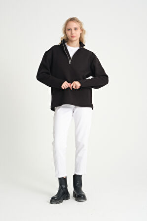  Kadın  Rahat Kalıp İçi Polarlı 3 iplik Yarım Fermuarlı  SweatShırt spr24swK21