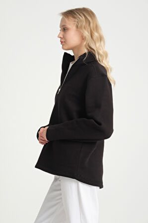  Kadın  Rahat Kalıp İçi Polarlı 3 iplik Yarım Fermuarlı  SweatShırt spr24swK21