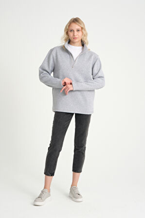  Kadın  Rahat Kalıp İçi Polarlı 3 iplik Yarım Fermuarlı  SweatShırt spr24swK21