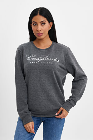 Süperlife Kadın Bisiklet Yaka Rahat Kalıp 3 iplik Kalın Californıa Baskılı Swetashırt spr24swk28