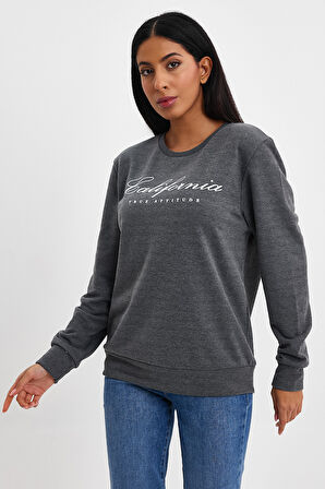 Süperlife Kadın Bisiklet Yaka Rahat Kalıp 3 iplik Kalın Californıa Baskılı Swetashırt spr24swk28