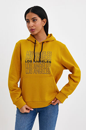 Kadın Kapşonlu Rahat Kalıp İçi Polarlı 3 iplik  Los Angeles Baskılı SweatShırt spr24swK10