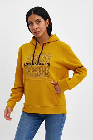 Kadın Kapşonlu Rahat Kalıp İçi Polarlı 3 iplik  Los Angeles Baskılı SweatShırt spr24swK10