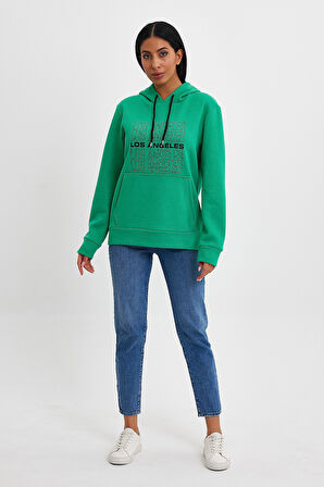 Kadın Kapşonlu Rahat Kalıp İçi Polarlı 3 iplik  Los Angeles Baskılı SweatShırt spr24swK10