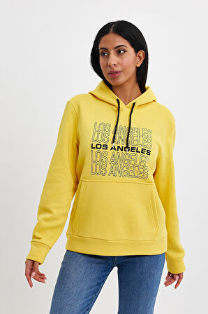 Kadın Kapşonlu Rahat Kalıp İçi Polarlı 3 iplik  Los Angeles Baskılı SweatShırt spr24swK10