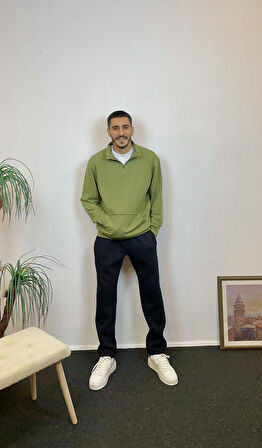 Erkek 3 iplik Yarım Fermuarlı Kanguru Çepli Sweatshırt spr24sw22