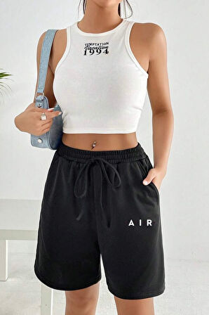 Kadın Rahat Kalıp Beli Lastikli Cepli Basklı Şort spr24srk52