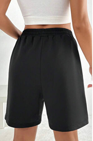 Kadın Rahat Kalıp Beli Lastikli Cepli Basklı Şort spr24srk52