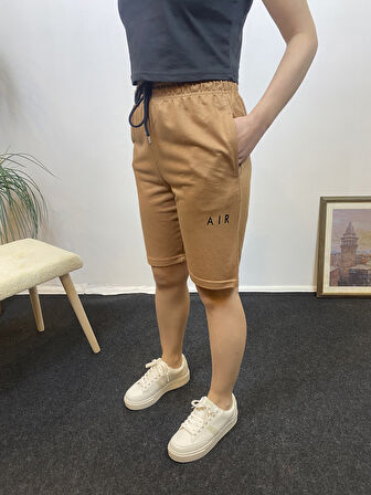 Kadın Rahat Kalıp Beli Lastikli Cepli Basklı Şort spr24srk52