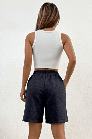 Kadın Rahat Kalıp Beli Lastikli Cepli Basklı Şort spr24srk52