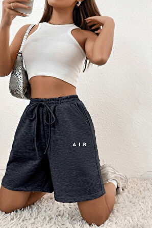 Kadın Rahat Kalıp Beli Lastikli Cepli Basklı Şort spr24srk52