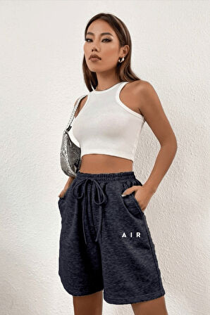 Kadın Rahat Kalıp Beli Lastikli Cepli Basklı Şort spr24srk52