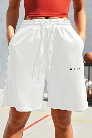 Kadın Rahat Kalıp Beli Lastikli Cepli Basklı Şort spr24srk52