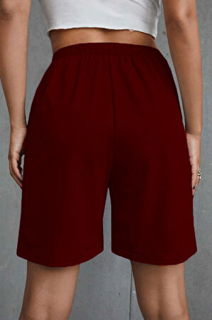 Kadın Rahat Kalıp Beli Lastikli Cepli Basklı Şort SPR24SRK208