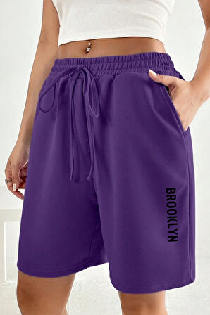 Kadın Rahat Kalıp Beli Lastikli Cepli Basklı Şort SPR24SRK208