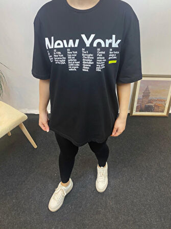 Kadın Bisiklet Yaka Oversize Kalıp New York Baskılı Tişort SPR24TSk112