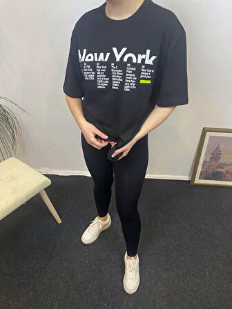 Kadın Bisiklet Yaka Oversize Kalıp New York Baskılı Tişort SPR24TSk112