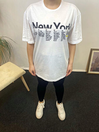 Kadın Bisiklet Yaka Oversize Kalıp New York Baskılı Tişort SPR24TSk112
