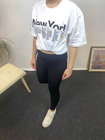 Kadın Bisiklet Yaka Oversize Kalıp New York Baskılı Tişort SPR24TSk112