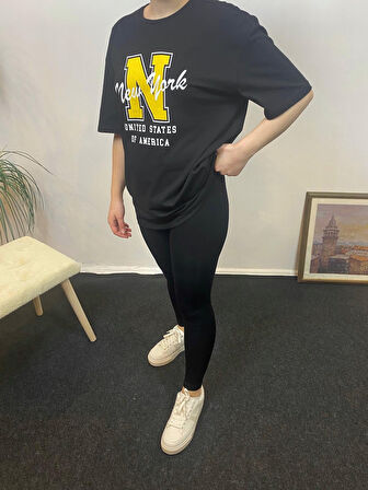 Kadın Bisiklet Yaka Oversize Fit N Baskılı Tişort SPR24TSK113