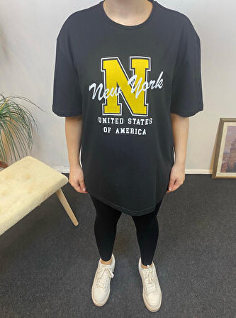 Kadın Bisiklet Yaka Oversize Fit N Baskılı Tişort SPR24TSK113