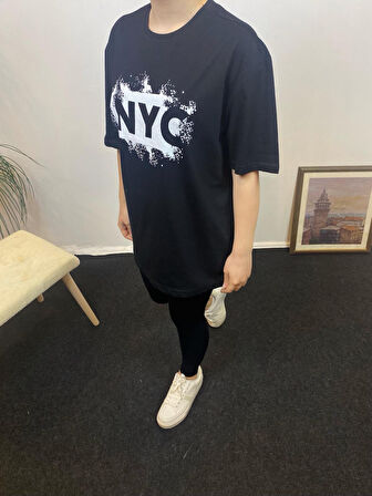Kadın Bisiklet Yaka Oversize Fit NYC Baskılı Tişort SPR24TSk114